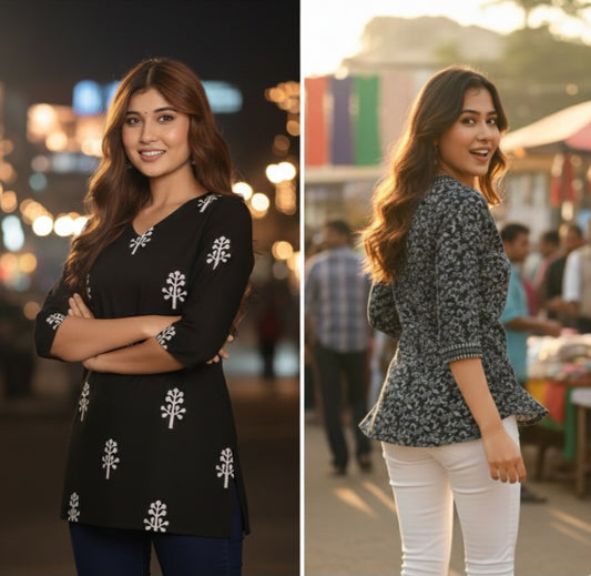 Artisanal Printed Short Kurti Combo – Pack of 2 Breathable Cotton Tops ✨