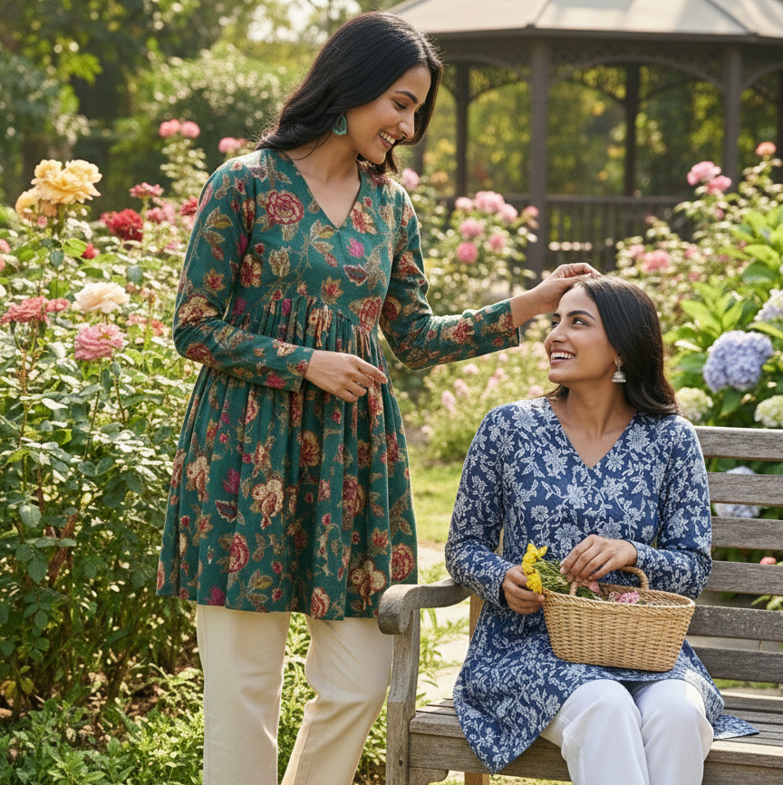 Trendy Floral Print Rayon Short Kurti Combo | Pack of 2 (Blue & Green)