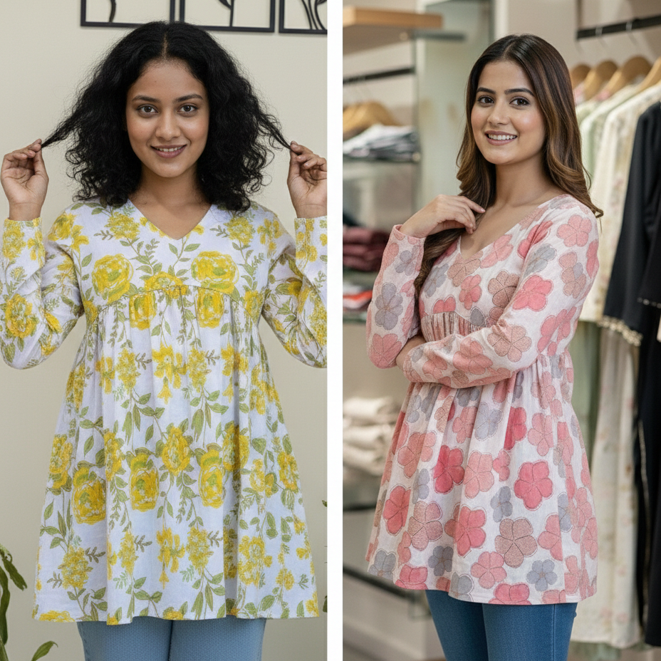 Premium Cotton Floral Short Kurti Combo 🌸🌼