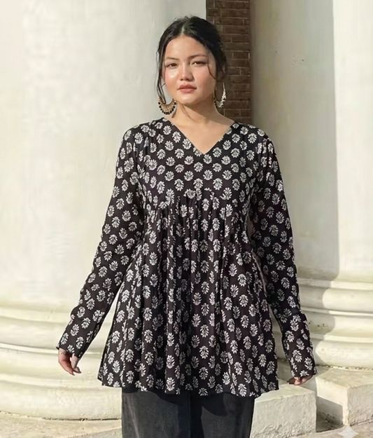 Chic Black Floral Cotton Peplum Top | Trendy Short Kurti for Girls ✨
