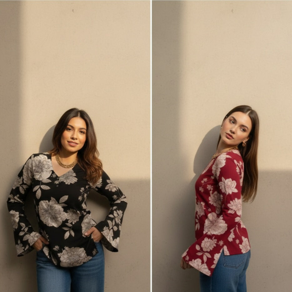 Chic Square Neck Bell-Sleeve Top – Premium Daily Wear Combo ✨