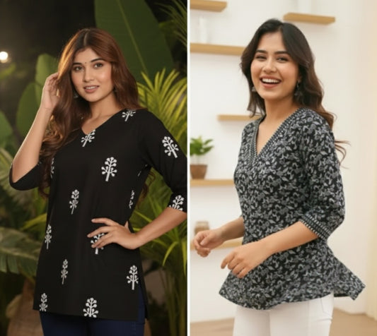 Artisanal Printed Short Kurti Combo – Pack of 2 Breathable Cotton Tops ✨