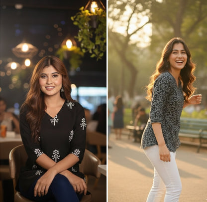 Artisanal Printed Short Kurti Combo – Pack of 2 Breathable Cotton Tops ✨