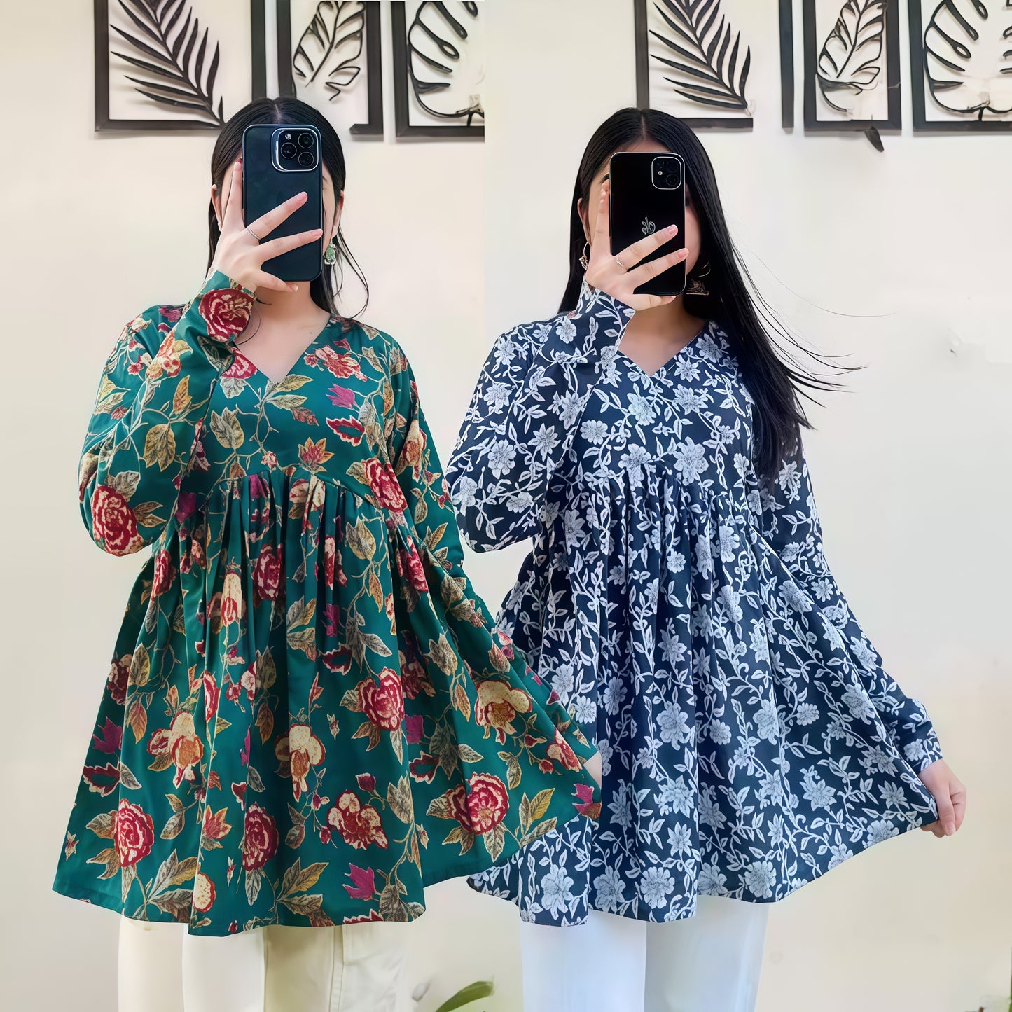 Trendy Floral Print Rayon Short Kurti Combo | Pack of 2 (Blue & Green)