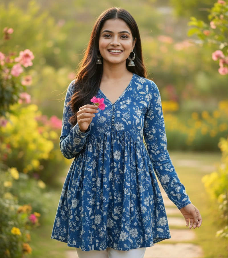 Women's Blue Floral Print Rayon Flared Calf-Length Kurti | Round Neck with Show Buttons 💙🌸