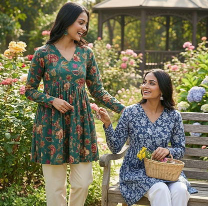 Trendy Floral Print Rayon Short Kurti Combo | Pack of 2 (Blue & Green)