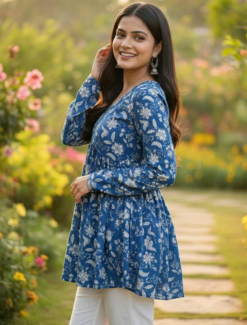Women's Blue Floral Print Rayon Flared Calf-Length Kurti | Round Neck with Show Buttons 💙🌸