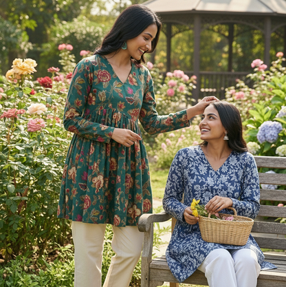 Trendy Floral Print Rayon Short Kurti Combo | Pack of 2 (Blue & Green)