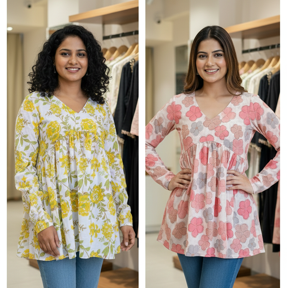 Premium Cotton Floral Short Kurti Combo 🌸🌼