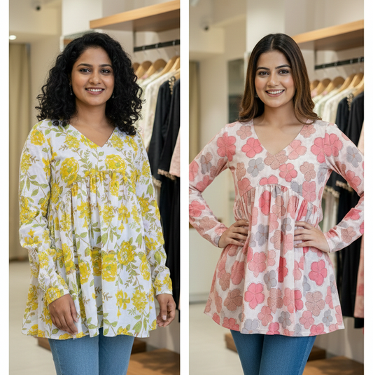 Premium Cotton Floral Short Kurti Combo 🌸🌼