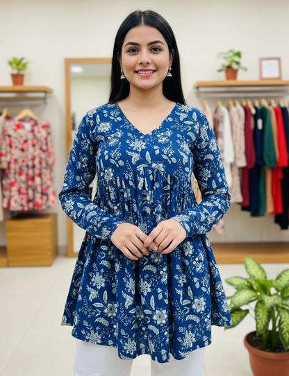 Women's Blue Floral Print Rayon Flared Calf-Length Kurti | Round Neck with Show Buttons 💙🌸
