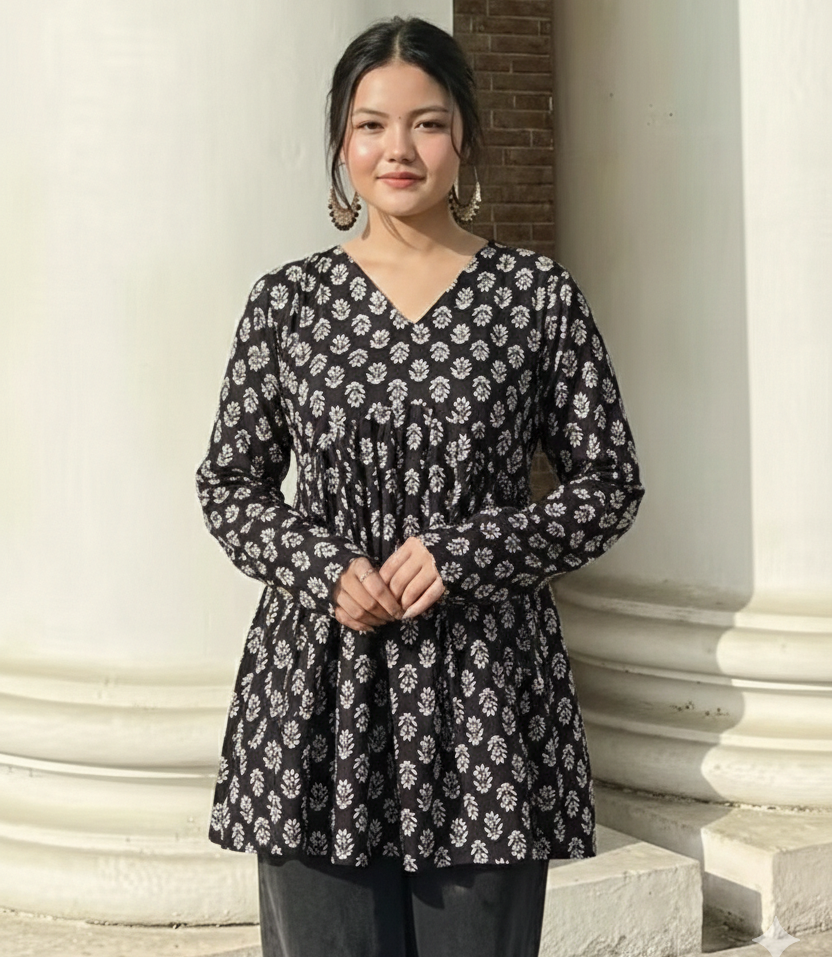 Chic Black Floral Cotton Peplum Top | Trendy Short Kurti for Girls ✨