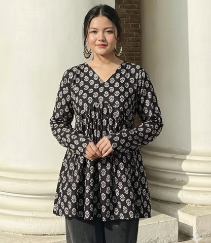 Chic Black Floral Cotton Peplum Top | Trendy Short Kurti for Girls ✨