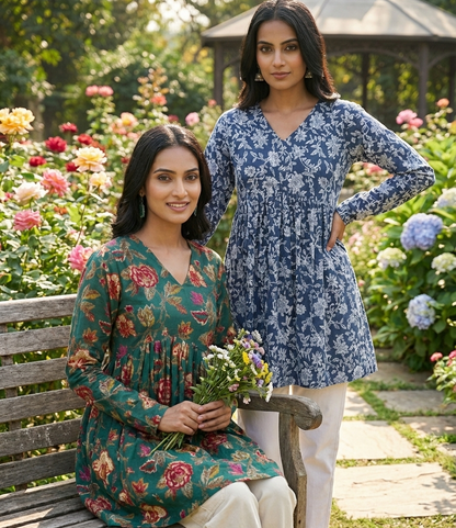 Trendy Floral Print Rayon Short Kurti Combo | Pack of 2 (Blue & Green)