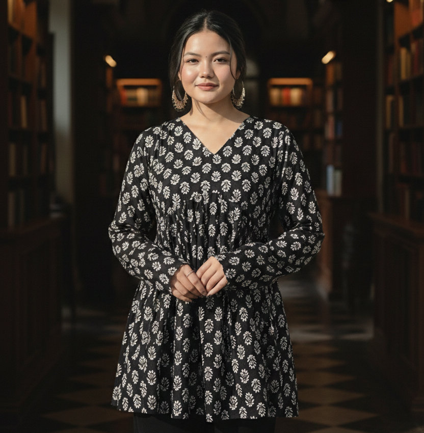 Chic Black Floral Cotton Peplum Top | Trendy Short Kurti for Girls ✨