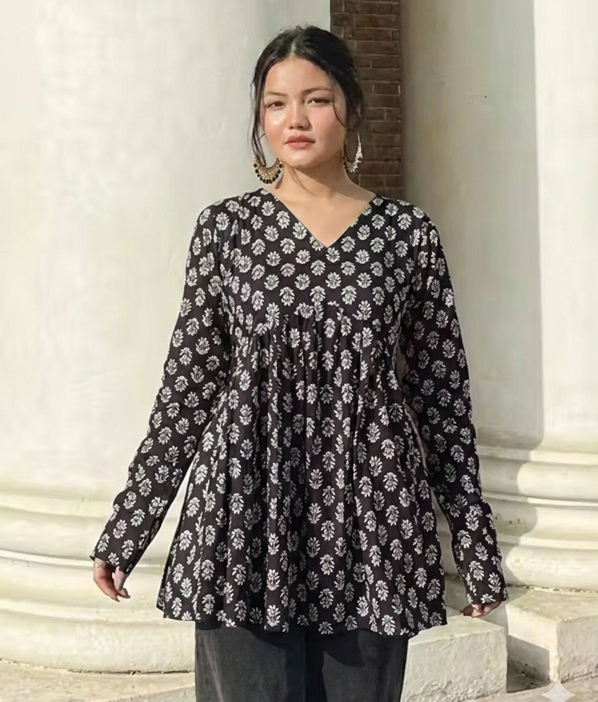 Chic Black Floral Cotton Peplum Top | Trendy Short Kurti for Girls ✨